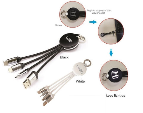 All in One USB charging cable with light up logo area - White 