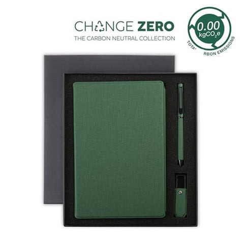 GSSN 9557 LENZEN - CHANGE ZERO Sustainable Gift Set with Refillable Notebook, Pen & USB Keychain - Green