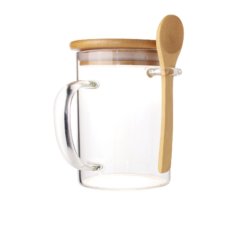 Clear Glass Mugs with Bamboo Lid and Spoon