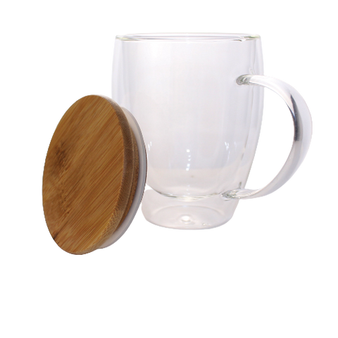 Double Wall Clear Glass Mug with Bamboo Lid